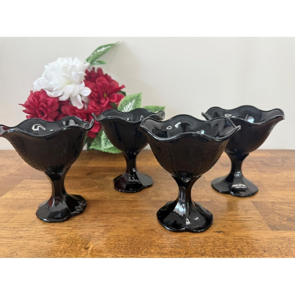 Vintage Black Amethyst Glass Pedestal Dessert Compote Sherbet Dishes‎ – Set of 4